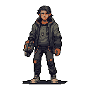 A weary, yet resilient character stands ready against a dark void, clutching a futuristic device. Their detailed, practical attire and somber expression hint at a gritty dystopian world.