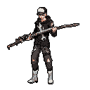 A pixel art figure, possibly a mechanic or technician, stands ready with a modified staff-like weapon, sporting a black hooded sweatshirt, distressed pants, and a mysterious demeanor enhanced by dark sunglasses and a white beanie. The character's utilitarian clothing and unique weapon suggest a gritty, urban setting.