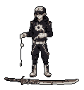 A pixel art figure in streetwear, complete with sunglasses and a hoodie, stands above a detailed katana, creating a cool and slightly mysterious vibe against a stark black background.