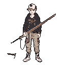 This pixel art depicts a lone figure with a fishing rod (or staff), head tilted and eyes downcast, creating a quiet and introspective mood. The character, dressed in contemporary clothing, stands out against a stark black background, emphasizing their solitary presence.