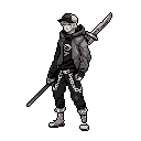 A monochromatic pixel art image depicts a casually dressed, pensive character armed with two swords, one sheathed and one strapped to his back, suggesting a hidden readiness. His urban attire and detailed weaponry create a cool, mysterious vibe.