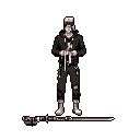 A masked figure with a vacant stare stands in stark contrast against a black void, holding two white objects, creating a somber and mysterious mood. The sepia-toned pixel art, possibly a game sprite, evokes a sense of anonymity and isolation.
