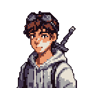 This pixel art portrait features a friendly anime-style character with goggles and a sword, hinting at adventure. The soft expression and muted palette create a vibe of quiet readiness.