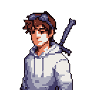 This pixel art portrait features a young man with goggles and a sword, hinting at a story of adventure. His neutral expression and detailed rendering create a compelling, character-focused image against a stark background.