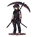 A brooding, pixelated youth wielding a scythe and a smaller weapon stands ready, their dark attire and muted colors hinting at a mysterious and edgy purpose. The character's tattoos add a touch of rebellion to their reaper-like persona.