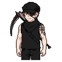 This pixel art depicts a mysterious young man with an eyepatch, dark clothing, and an elaborate tattoo, wielding a scythe against a stark black background. His somber expression and unique style create an intriguing and slightly ominous character.