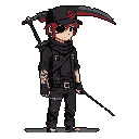 A pixel art character with an eyepatch and red-accented baseball cap stands ready, holding a sheathed weapon. The edgy yet cool figure sports a dark outfit and red hair, hinting at a mysterious and potentially rogue-like personality. The black background keeps the focus entirely on the character's stoic presence.