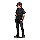 This pixel art depicts a cool and confident character with a mysterious vibe, sporting streetwear and dark glasses. Red accents pop against the grayscale palette, drawing attention to details like his cap symbol and striking tattoos. His casual pose and obscured face create an enigmatic, urban aesthetic.