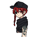 This pixel art portrait captures a contemplative, one-eyed character with striking red hair and a detailed arm tattoo. The dark color palette and introspective gaze create a cool and mysterious vibe.