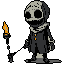 A solitary, hooded figure with empty black eyes holds a flickering torch, its light cutting through the stark darkness. This pixel art evokes mystery and solitude, with the flame and a single orange button providing the only color against a muted grey palette.