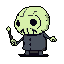 This pixel art image depicts a charmingly spooky chibi skeleton against a stark black backdrop. The little figure, with its oversized skull and dark coat, holds a wand, giving it a curious and slightly mischievous air. The muted colors and simple style evoke a nostalgic, slightly eerie vibe.
