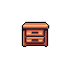 This pixel art showcases a simple, two-drawer nightstand rendered in warm orange and brown tones. The isometric view and clean design give it a classic, game-asset feel.