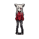 A lone figure with striking red eye stands against a void, her melancholic expression and dark attire hinting at a mysterious intensity. Her long white hair contrasts with a dark red sweater, adding to the character's intriguing and slightly unsettling presence.