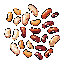 This pixel art still life features a collection of earthy-toned beans, meticulously rendered with subtle shading and varied shapes. The scattered arrangement evokes a sense of natural simplicity and perhaps a hint of rustic charm.