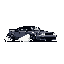 This pixel art captures a sleek, dark MR2 drifting dynamically, with a cloud of smoke accentuating its high-speed maneuver. The stark black background emphasizes the car's action and creates a cool, minimalistic aesthetic.