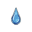 A single, stylized pixel art water droplet, rendered in cool blues and crisp whites, hangs suspended in time, its reflective surface highlighted against a stark black background.