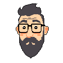 A pixel art portrait captures a man's neutral expression, his face framed by thick-rimmed glasses and a grey beard. The character-focused image utilizes a muted color palette for a clean, graphic aesthetic.
