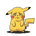 This pixel art shows a dejected Pikachu, slumped and looking utterly sad with downturned features. The simple color palette and black background amplify the melancholic mood.