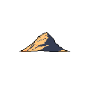 A minimalist pixel art piece showcases a solitary mound of sand or dirt, lit with warm orange and shadowed in grey-blue, against a stark black background. The simple composition evokes isolation and abstraction.