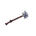 This pixel art showcases a stylized battle axe, its metallic head gleaming against a stark black background. The weapon's diagonal pose suggests a silent readiness, highlighting its sharp design and potential power. A muted palette emphasizes the contrast between the wooden handle and the deadly axe head.