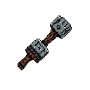 This pixel art showcases a sturdy, double-headed hammer with a worn metal finish and reinforced wooden handle. The tool's blocky design and muted colors evoke a sense of ruggedness and antiquity.