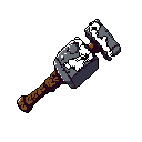 This pixel art image showcases a formidable, two-headed warhammer with a dark and rugged aesthetic, suggesting a powerful weapon ready for battle. The detailed textures and muted color palette emphasize its strength and well-worn nature.
