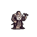 This pixel art depicts a stout dwarf, hammer raised, conveying rugged strength and readiness. His bushy white beard and dark, fur-lined tunic add to his seasoned warrior or craftsman appearance.