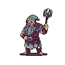A pixelated dwarf or gnome stands ready for adventure, confidently wielding a spiked mace. The stout character's determined stance and limited color palette evoke a classic fantasy feel. The solid black background keeps the focus solely on the character.