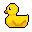 This pixel art image features a cheerful, vibrant yellow rubber duck rendered in a simple, nostalgic style. The iconic toy stands out against a stark black background, emphasizing its playful shape and bright colors.