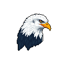 This pixel art headshot captures the majestic intensity of a bald eagle, its piercing gaze and vibrant beak rendered in striking detail against a black backdrop. The retro style emphasizes the eagle's power and wild spirit.