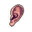 This pixel art image isolates a single human ear, rendered in muted pinks and purples with retro digital flair. The stark black background emphasizes the anatomical detail achieved in the low-resolution style.