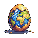 A pixel art image depicts a cracked eggshell revealing a miniature Earth nestled within, symbolizing new beginnings and the fragility of our planet. The vibrant globe, with recognizable continents and oceans, emerges from the fractured shell against a stark black background, evoking a sense of wonder and creation.