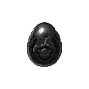 A mysterious, dark, egg-like object dominates the frame with swirling gray textures and a single bright highlight, creating an intriguing and slightly ominous vibe.