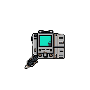 This pixel art showcases a retro-futuristic handheld device with a vibrant turquoise screen and attached microphone. The detailed design and muted color scheme evoke a sense of nostalgic technology.