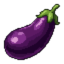 This pixel art image showcases a plump eggplant rendered in vibrant purples and greens, its glossy texture brought to life through careful shading and highlights. The classic pixelated style gives the simple subject a charming, retro feel.