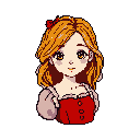 This pixel art portrait features a charming young woman with flowing orange hair and a gentle smile, her red dress adorned with small buttons. The focus is entirely on her friendly and inviting expression against a stark background.