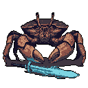 A formidable pixel art crab, rendered in dark, earthy tones, fiercely grips a glowing cyan sword. The detailed crustacean, poised against a stark black backdrop, exudes power and a hint of ominous fantasy. It evokes a nostalgic feeling reminiscent of classic 16-bit video games.