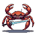 A battle-ready pixel art crab stands poised with a glowing sword, its formidable form radiating unexpected heroism and a touch of fantasy. The crab's determined stance and vibrant weapon create a sense of strength and readiness.