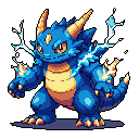 This pixel art showcases a determined, blue and orange dragon-like creature, poised for battle with electrifying energy. The stout character exudes both power and charm, reminiscent of a classic RPG monster.