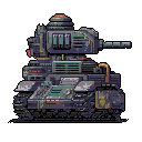 This pixel art depicts a heavily armored, futuristic tank rendered in gritty detail with a desaturated, industrial color scheme. The detailed design, including rivets and exposed piping, evokes a sense of age and heavy use.