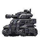 This pixel art showcases a heavily armored, futuristic tank rendered in detailed, monochromatic greys. The imposing vehicle, bristling with weaponry, stands ready for action, exuding technological power.