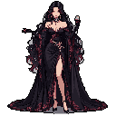 A poised woman with flowing black hair and a striking black gown adorned with red floral patterns stands elegantly in this pixel art image. Her pale skin and subtle jewelry provide a stark contrast to the dark, opulent aesthetic, evoking a sense of dark elegance and mystery. She holds her hand up as if contemplating a small object.
