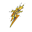 A vibrant, jagged lightning bolt crackles with energy in this high-contrast pixel art, its dark gray core outlined by bright yellow/orange highlights. The stylized design evokes a sense of power and electrifying movement.