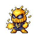 A retro-style pixel art hero crackles with golden energy, mask gleaming and fists clenched, ready to unleash electrical powers.