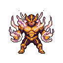 A pixel art warrior stands ready, radiating power through intricate gold and brown armor. Pale purple energy crackles around their hands and shoulders, hinting at the intensity of the coming battle.
