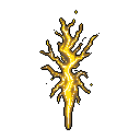 A striking pixel art lightning bolt crackles with energy, rendered in bright yellows and browns against a stark black background. The jagged, stylized design and scattered sparks evoke a powerful and potentially dangerous force of nature.