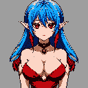 This pixel art portrait features a striking elven woman with bright aqua hair accented with red, piercing red eyes, and a melancholic gaze. She wears a dark red top and a black choker, standing out against the simple background.