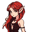 This pixel art portrait features a contemplative, fantasy-style elf with striking red hair and a warm, muted color palette. Set against a stark black background, she exudes an air of elegance and quiet mystery.