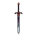 This pixel art depicts an ornate fantasy sword with a striking orange and purple hilt and a blade marked with ominous streaks. The weapon's detailed design and isolated presentation against a black background evoke a sense of mystery and dark power.