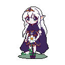 A solitary elf girl, adorned in dark purple and orange, gently holds a large white flower against a stark black background. Her innocent gaze and the flower's vibrant color create a peaceful yet slightly melancholic mood.